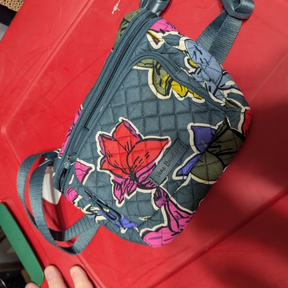 Vera Bradley Teal Quilted Floral Crossbody Bag with Red Pink Purple Accents - Picture 6 of 6